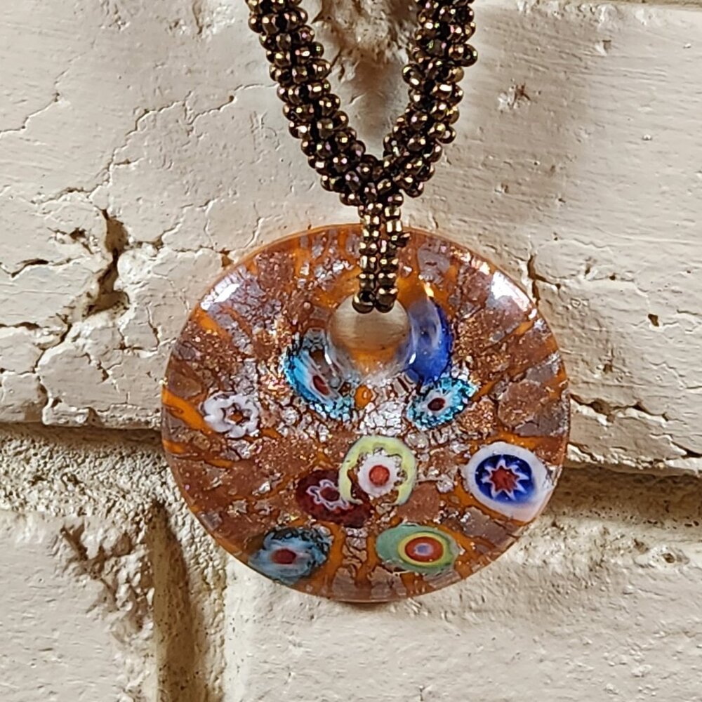 New Womens Murano Blown Glass Necklace Copper Beaded Leather 16"